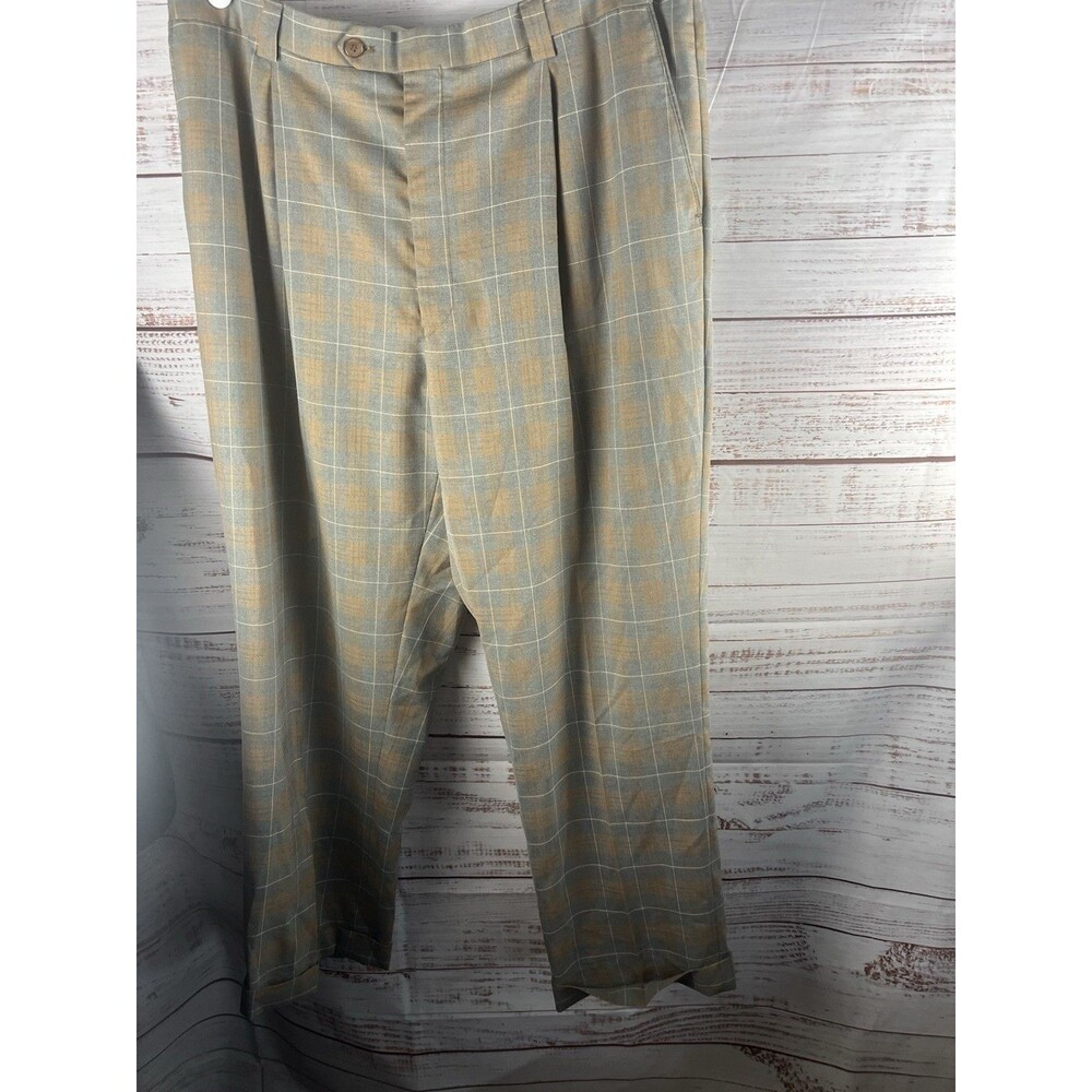 Falcone Dress Pants Men's 42L Gray/brown Plaid Pocket Pleated Straight Leg